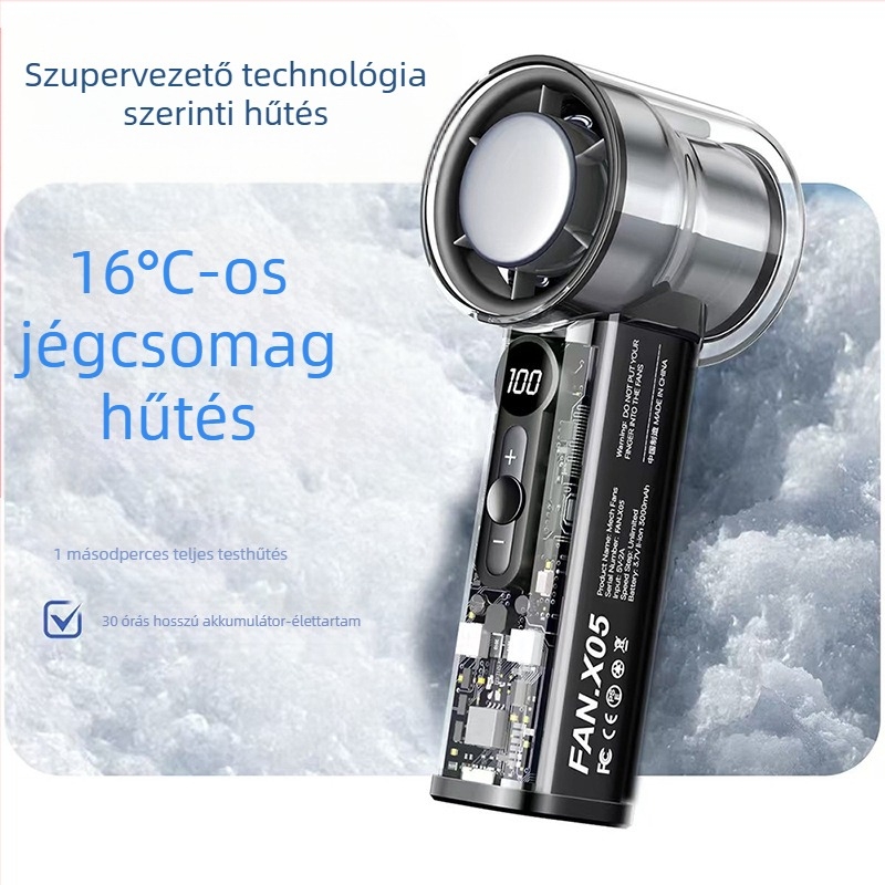 Kézi ventilátor félvezető hűtéssel és beépített 2000–4000 mAh akkumulátorral, brushless motor, zaj 36 dB alatt