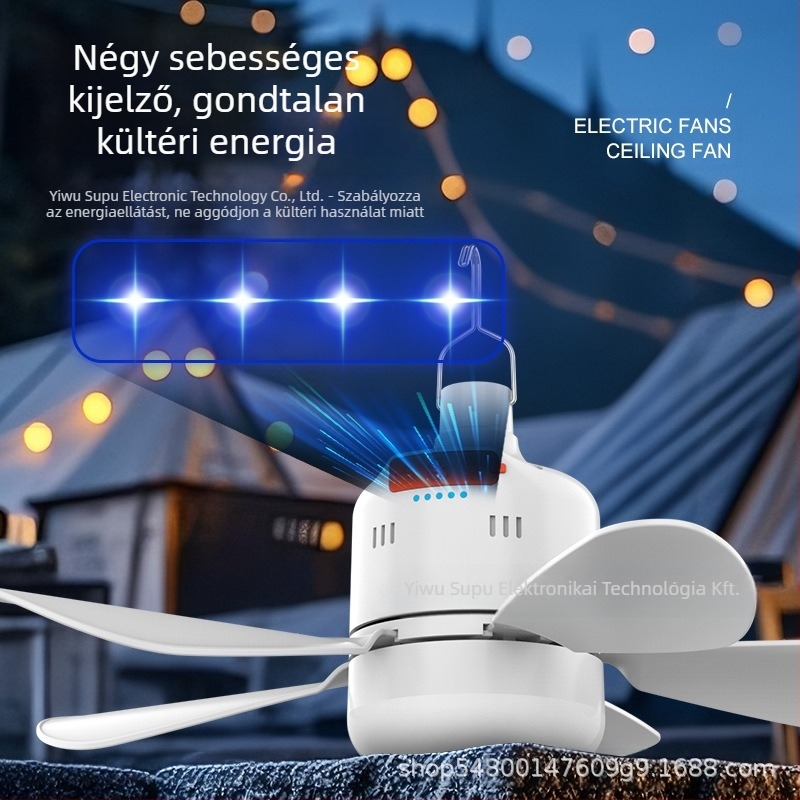 Kemping ventilátor lámpa távirányítással, lépésmentes fényerő-szabályozás, 3 sebességű ventilátor, 6–8 óra üzemidő