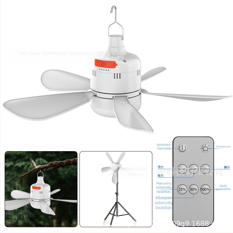 Kemping ventilátor lámpa távirányítással, lépésmentes fényerő-szabályozás, 3 sebességű ventilátor, 6–8 óra üzemidő