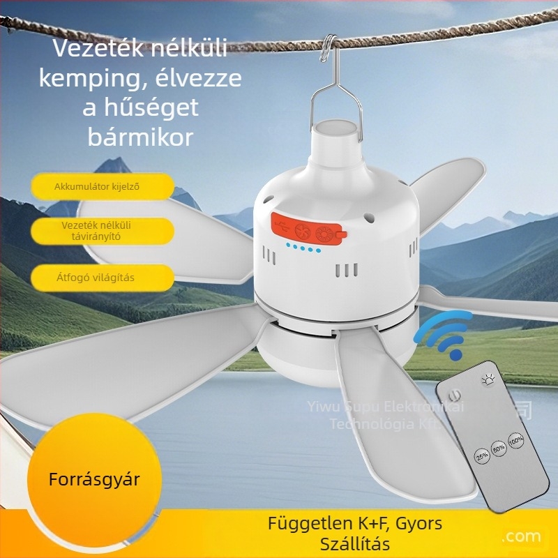 Kemping ventilátor lámpa távirányítással, lépésmentes fényerő-szabályozás, 3 sebességű ventilátor, 6–8 óra üzemidő