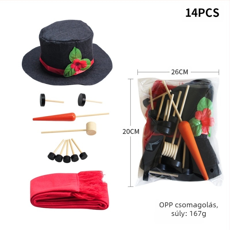 Karácsonyi hóember jelmezkiegészítő készlet — fa gombok, sapka, sál; Kaifeng party (Csomagolás: PP bag boxed)