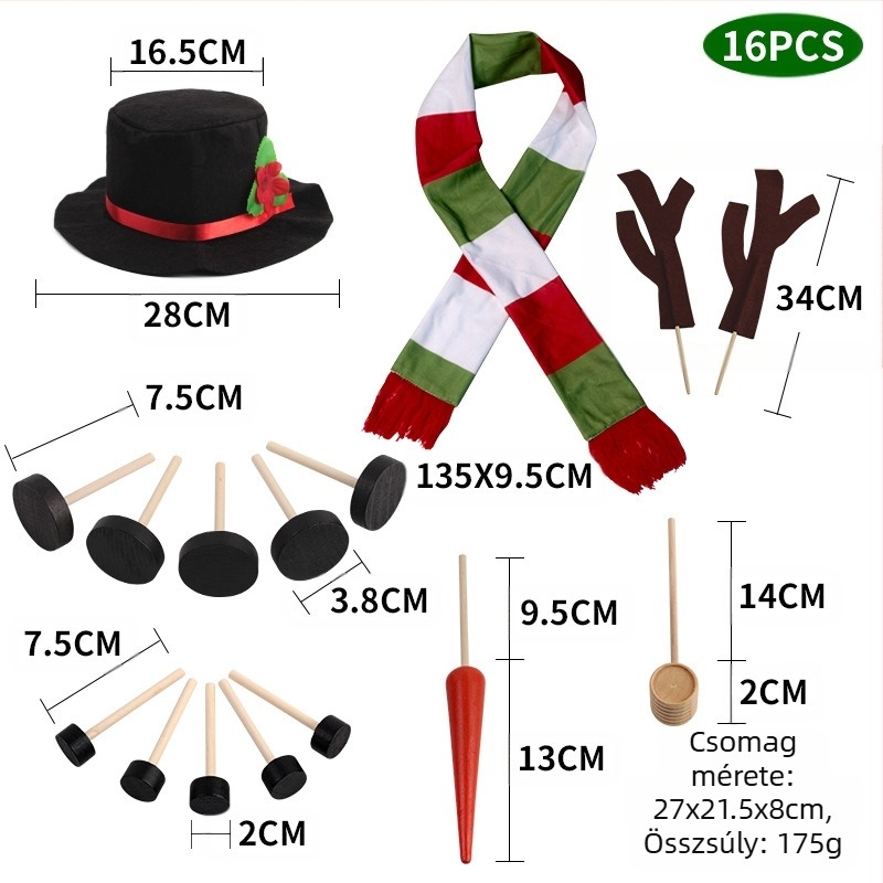 Karácsonyi hóember jelmezkiegészítő készlet — fa gombok, sapka, sál; Kaifeng party (Csomagolás: PP bag boxed)