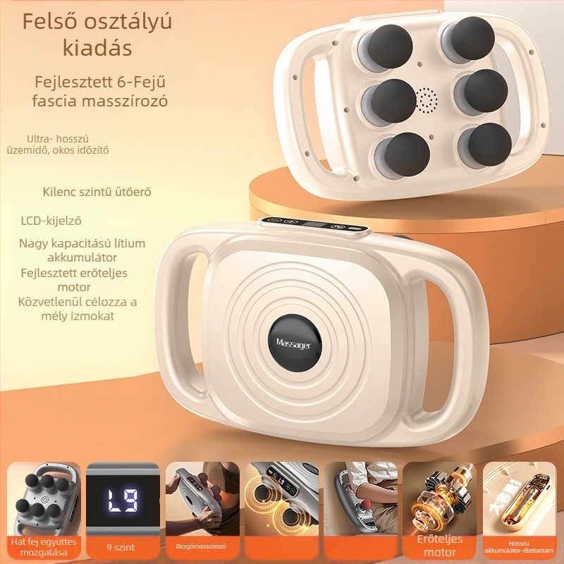 Hatfejű mélyszövet masszírozó beépített 2000-4000 mAh akkumulátorral, kefés motor, 5 sebesség.