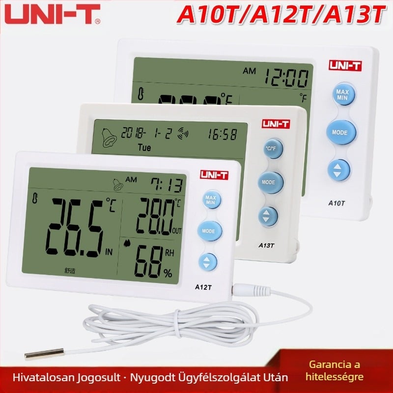 UNI-T Digitális hőmérséklet- és páratartalom-mérőgép, külső probez, asztali és falra szerelhető kivitel – -10°C és 50°C közötti hőmérséklet-tartomány, 10–99% RH, felbontás 0,1°C, pontosság ±1°C, 4,5 hüvelykes LCD
