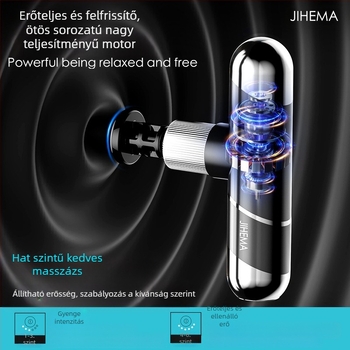 Kompakt percussiós masszírozó, kefemotor, 4 fej, 5+ sebesség, beépített 2000-4000 mAh akkumulátor (1-3 óra)