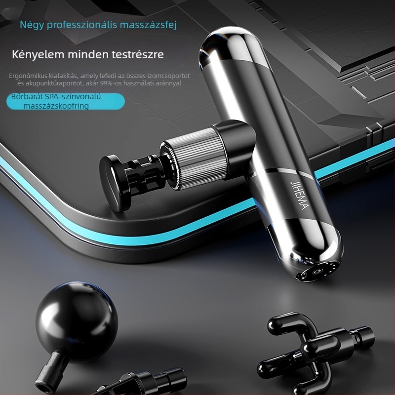 Kompakt percussiós masszírozó, kefemotor, 4 fej, 5+ sebesség, beépített 2000-4000 mAh akkumulátor (1-3 óra)