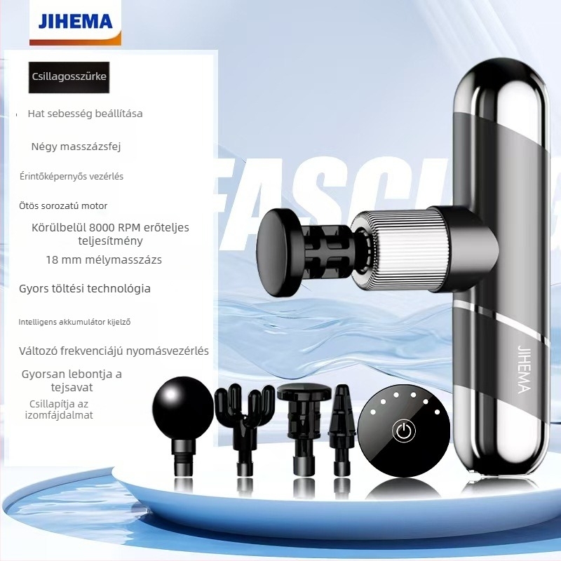 Kompakt percussiós masszírozó, kefemotor, 4 fej, 5+ sebesség, beépített 2000-4000 mAh akkumulátor (1-3 óra)