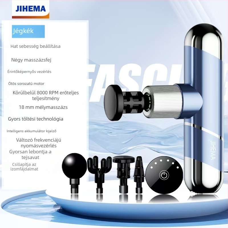 Kompakt percussiós masszírozó, kefemotor, 4 fej, 5+ sebesség, beépített 2000-4000 mAh akkumulátor (1-3 óra)