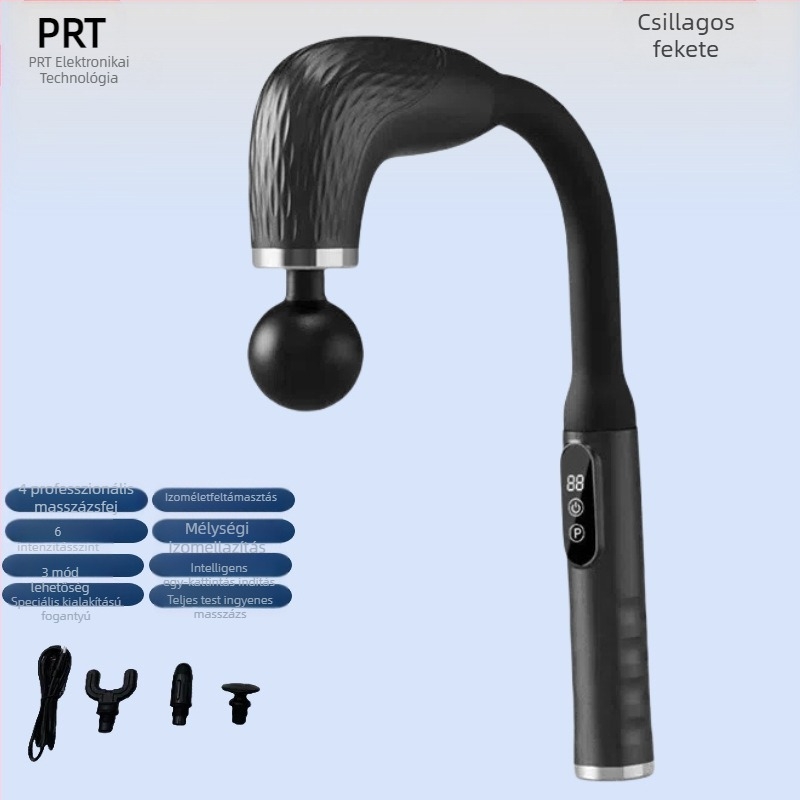 Kézi fascia masszírozó 4 fejjel, kefés motor, 5+ fokozat, beépített 1200–2000 mAh akkumulátor, alacsony zaj 36–45 dB