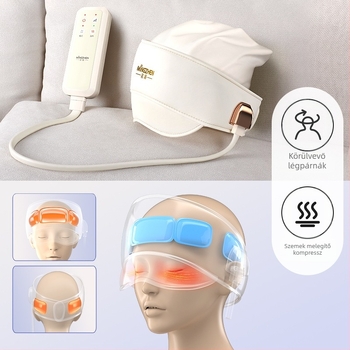 Fej- és szemmasszírozó sisak légzsákkal és meleg kompresszióval – újratölthető, 3 fokozat, integrált fej–szem masszázs