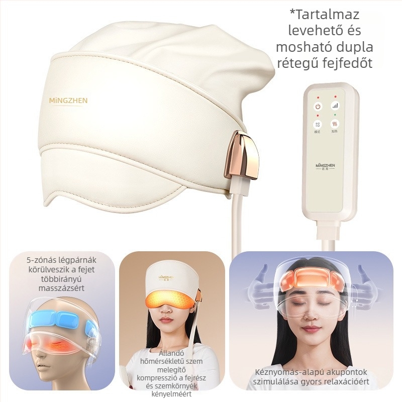 Fej- és szemmasszírozó sisak légzsákkal és meleg kompresszióval – újratölthető, 3 fokozat, integrált fej–szem masszázs