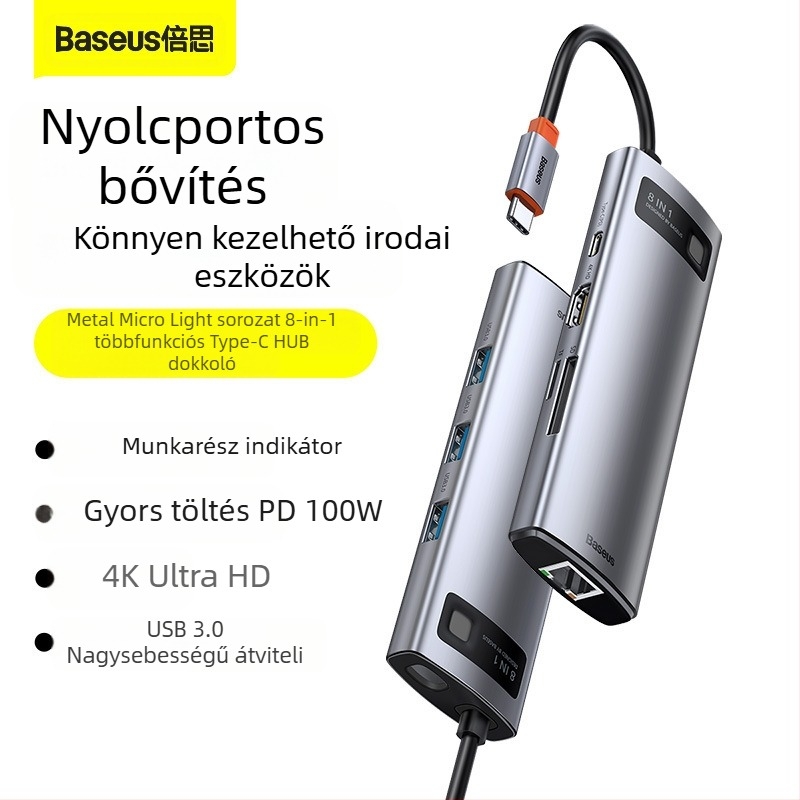 Baseus Metal Microlight Series 8-in-1 Type-C hub, USB 3.0, 0,25 m kábel, külső táp nélkül