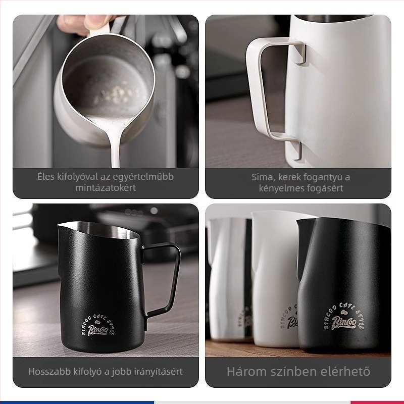 Bin Coo rozsdamentes acél tejhabosító kanna latte arthoz, modern minimális stílusban, logóval nyomtatva, 0,3 kg