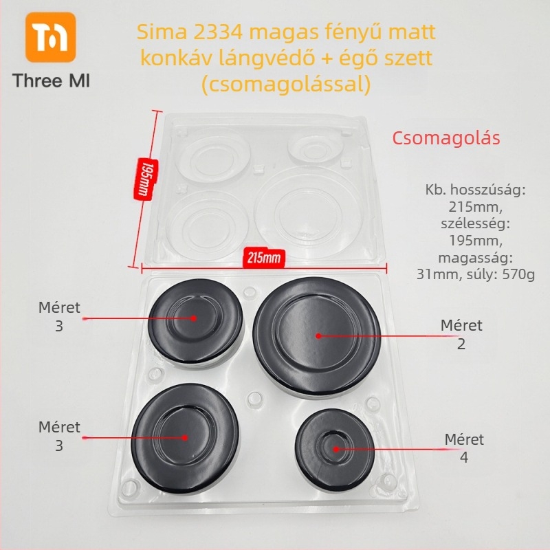 Vas fedél gáztűzhelyhez + lángelosztó készlet — telepítés kézi • Márka: threemi • Modell: Flat fire cover + flame distributor set • Nettó tömeg: 500 g