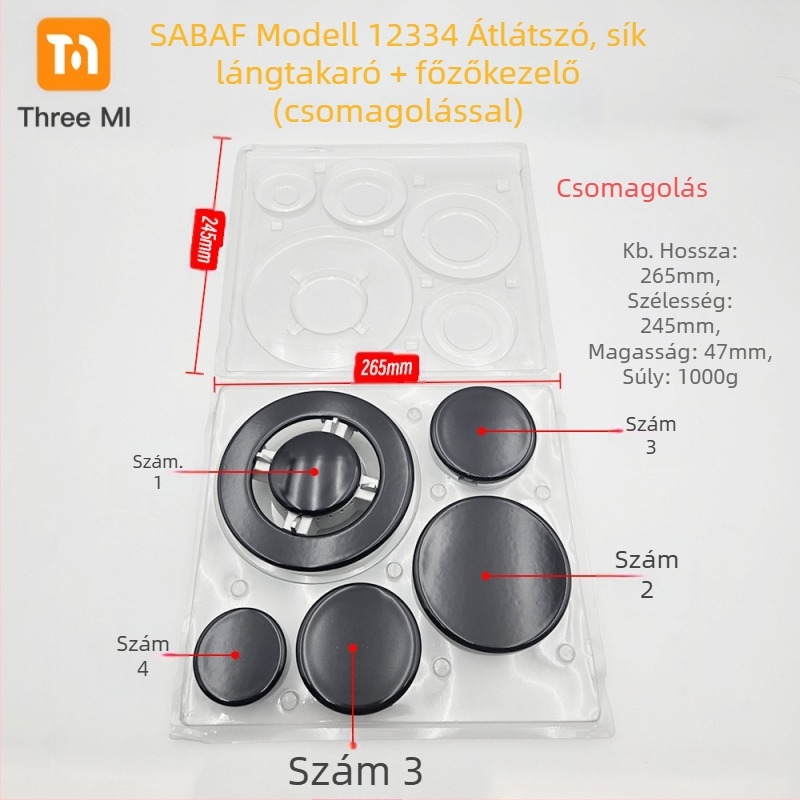 Vas fedél gáztűzhelyhez + lángelosztó készlet — telepítés kézi • Márka: threemi • Modell: Flat fire cover + flame distributor set • Nettó tömeg: 500 g