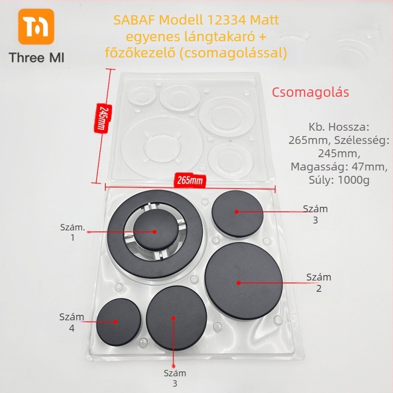 Vas fedél gáztűzhelyhez + lángelosztó készlet — telepítés kézi • Márka: threemi • Modell: Flat fire cover + flame distributor set • Nettó tömeg: 500 g