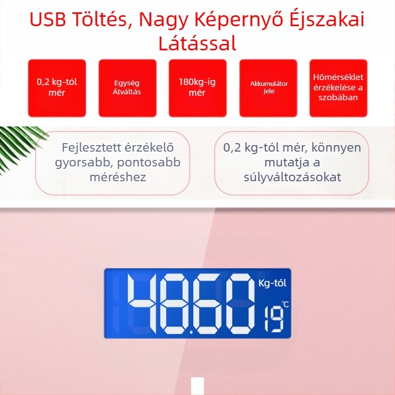 SUZI Testsúlymérleg otthoni használatra, 180 kg teherbírás, USB töltés vagy AA elem