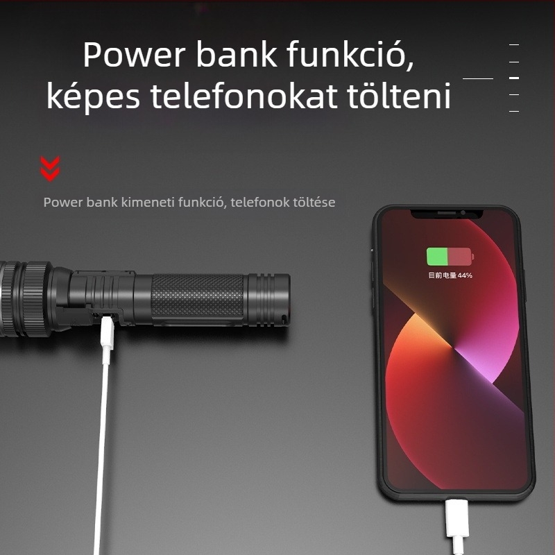 Kézi LED zseblámpa állítható fókuszszal, 10W LED, 800 lm, digitális kijelző, 18650-es akkumulátor