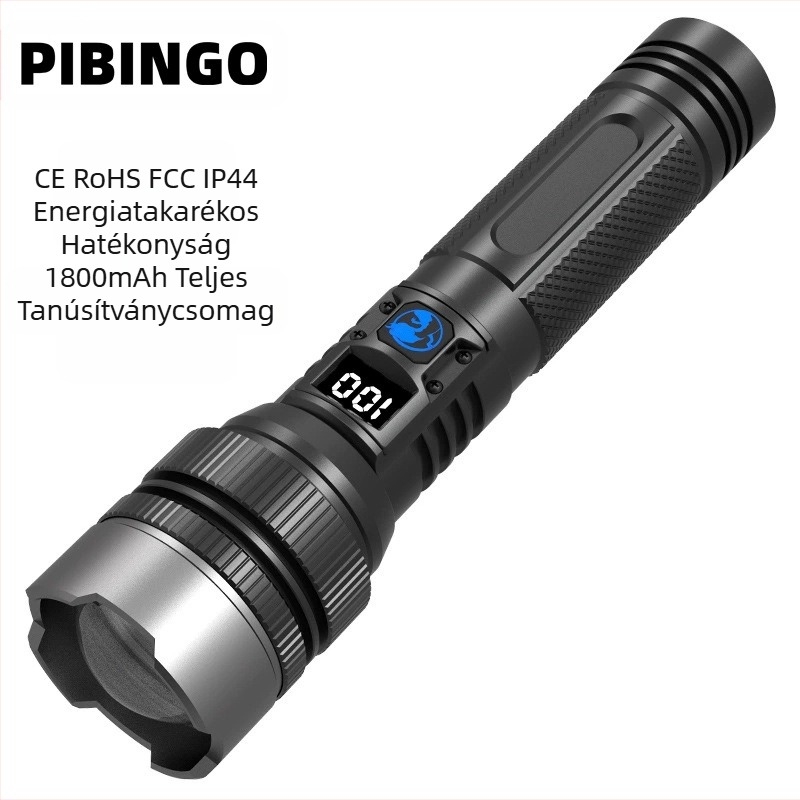 Kézi LED zseblámpa állítható fókuszszal, 10W LED, 800 lm, digitális kijelző, 18650-es akkumulátor