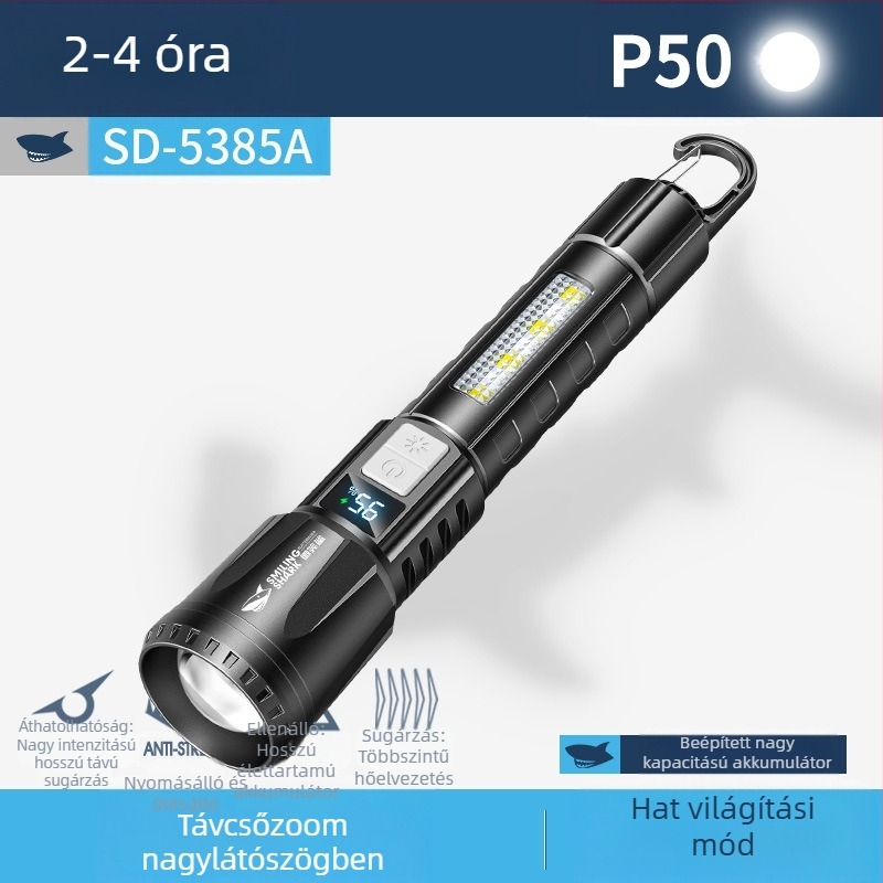 Multifunkcionális kültéri zseblámpa kampóval, kézi töltéssel, LED COB oldalsó fény és digitális teljesítmény-kijelző