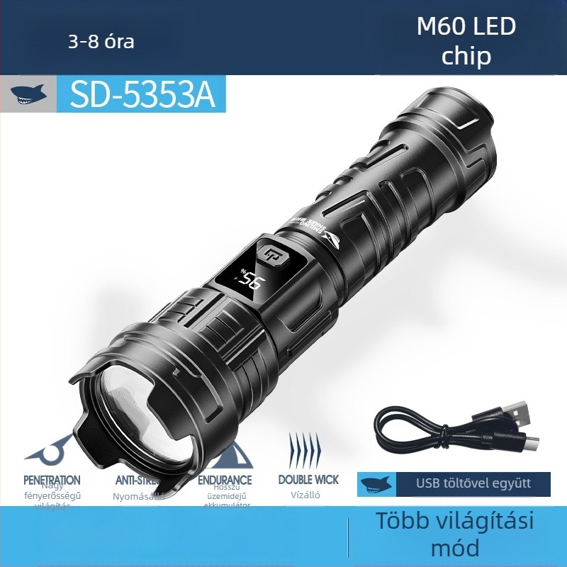 Multifunkcionális kültéri zseblámpa kampóval, kézi töltéssel, LED COB oldalsó fény és digitális teljesítmény-kijelző