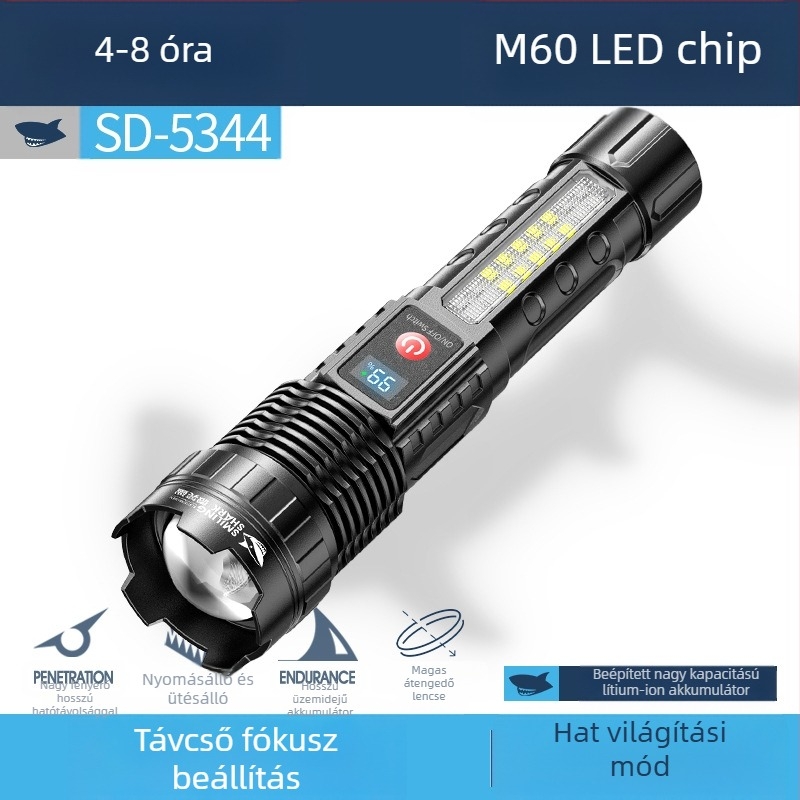 Multifunkcionális kültéri zseblámpa kampóval, kézi töltéssel, LED COB oldalsó fény és digitális teljesítmény-kijelző