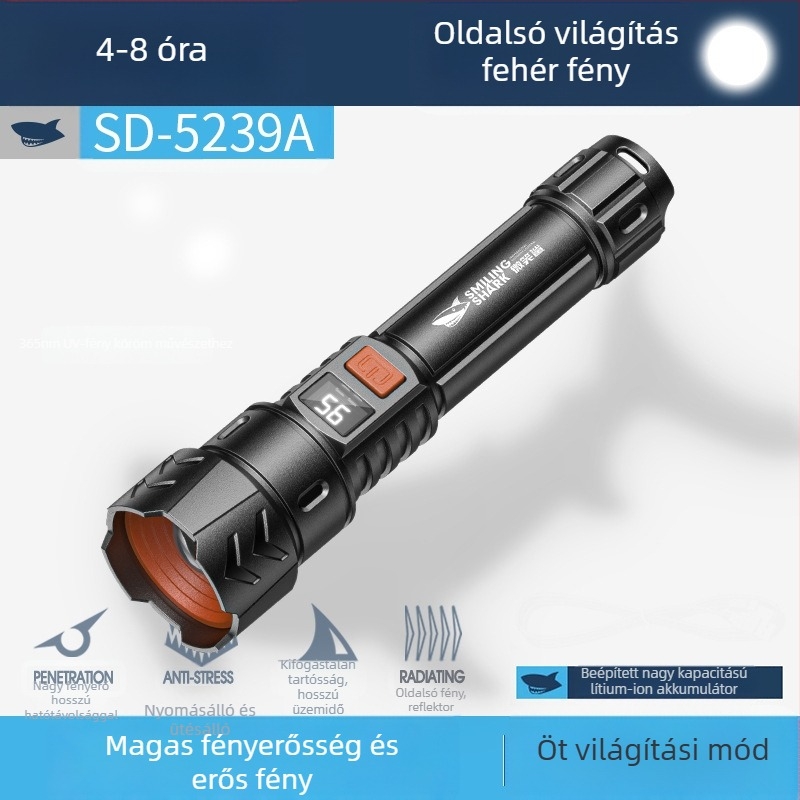 Multifunkcionális kültéri zseblámpa kampóval, kézi töltéssel, LED COB oldalsó fény és digitális teljesítmény-kijelző