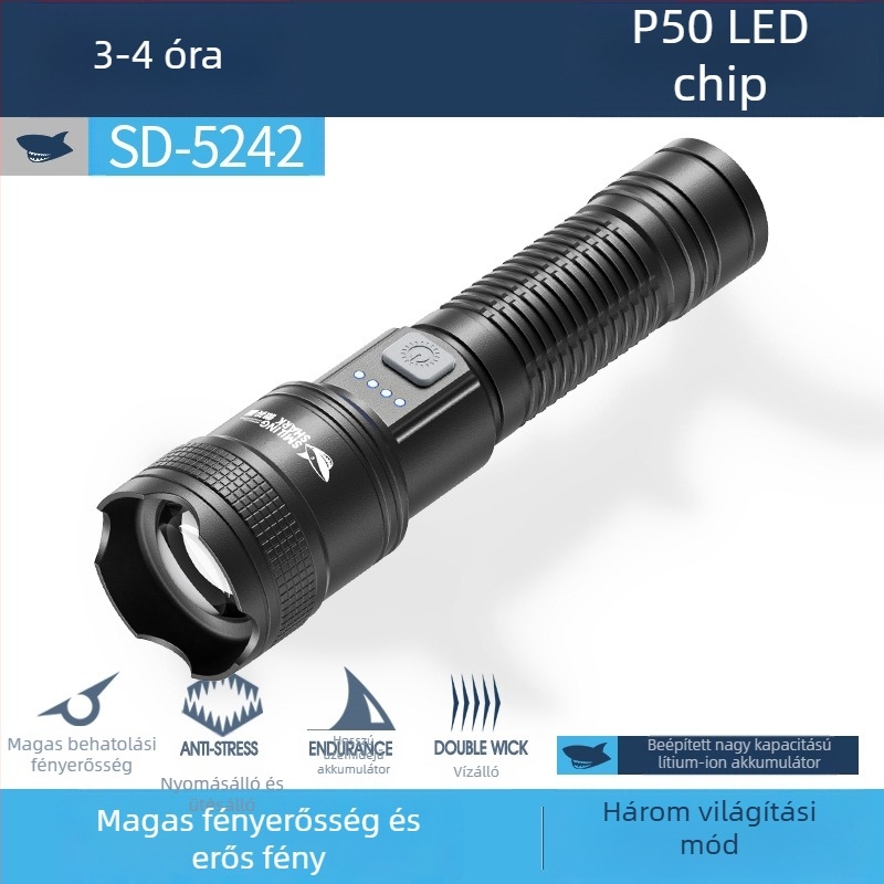 Multifunkcionális kültéri zseblámpa kampóval, kézi töltéssel, LED COB oldalsó fény és digitális teljesítmény-kijelző