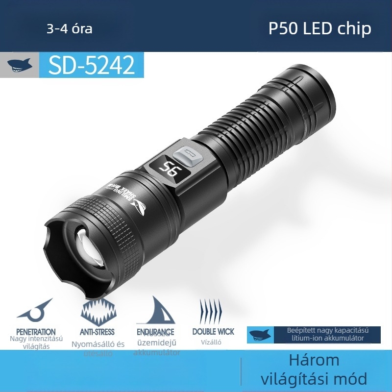 Multifunkcionális kültéri zseblámpa kampóval, kézi töltéssel, LED COB oldalsó fény és digitális teljesítmény-kijelző