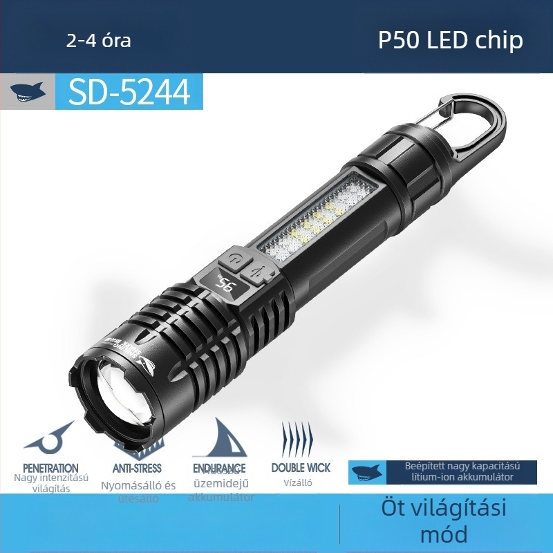 Multifunkcionális kültéri zseblámpa kampóval, kézi töltéssel, LED COB oldalsó fény és digitális teljesítmény-kijelző
