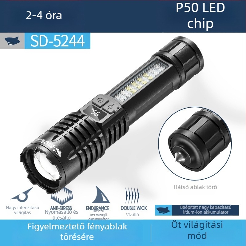 Multifunkcionális kültéri zseblámpa kampóval, kézi töltéssel, LED COB oldalsó fény és digitális teljesítmény-kijelző