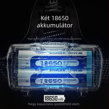 Smiling Shark LED fejlámpa, alumínium ötvözet, 4400mAh újratölthető akkumulátor, hatótáv 100–200 m, LED fényforrás