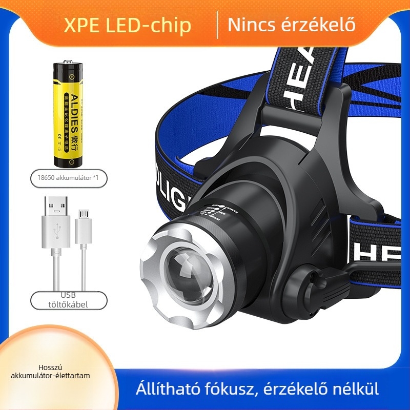 T6 LED fejlámpa állítható zoommal, USB töltés, 10W teljesítmény és 1200mAh akkumulátor, 360° forgás, hatótáv 100–200m