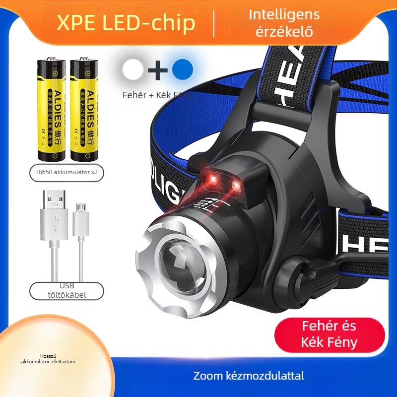 T6 LED fejlámpa állítható zoommal, USB töltés, 10W teljesítmény és 1200mAh akkumulátor, 360° forgás, hatótáv 100–200m