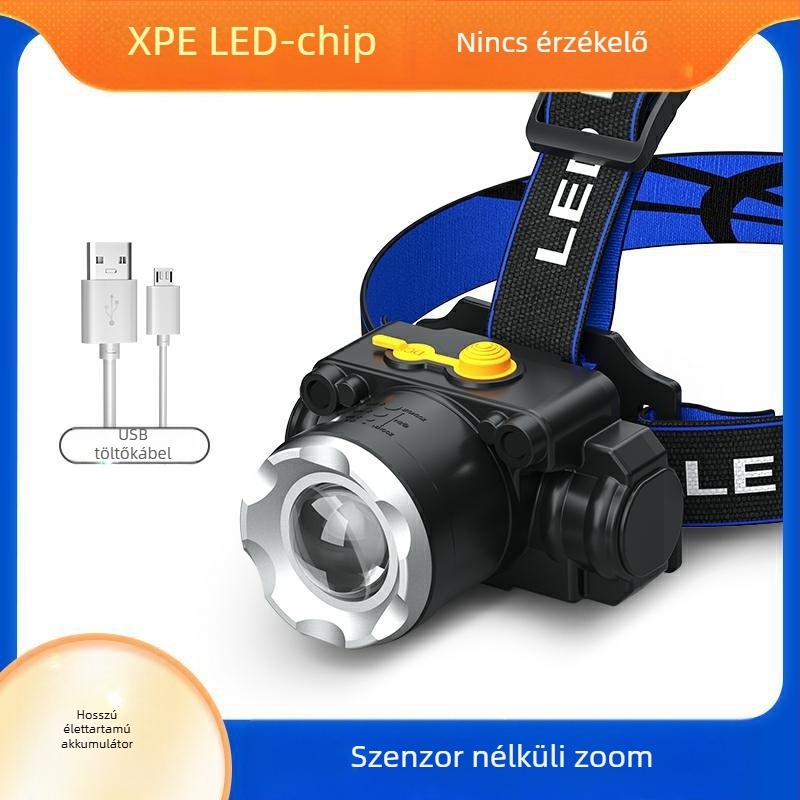T6 LED fejlámpa állítható zoommal, USB töltés, 10W teljesítmény és 1200mAh akkumulátor, 360° forgás, hatótáv 100–200m