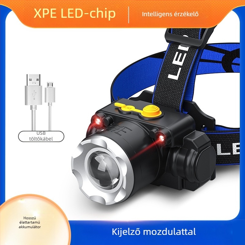 T6 LED fejlámpa állítható zoommal, USB töltés, 10W teljesítmény és 1200mAh akkumulátor, 360° forgás, hatótáv 100–200m