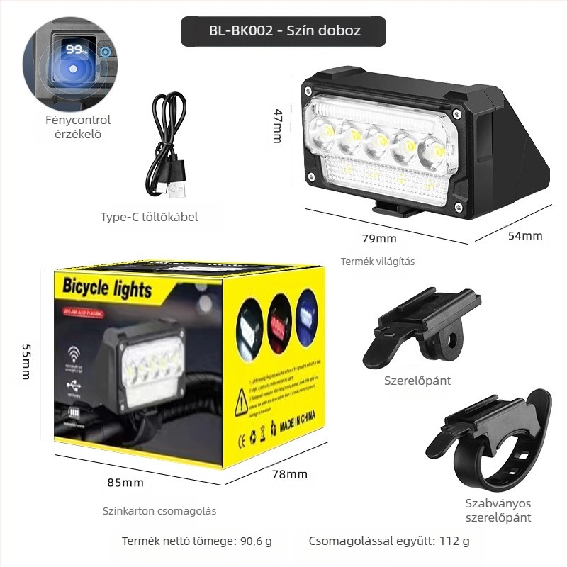 Shark Dragon első kerékpár lámpa – intelligens fényérzékelő, USB-töltés, digitális kijelző, út- és hegyi éjszakai kerékpározáshoz