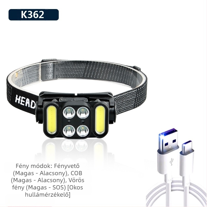 Fejlámpa COB LED-del, USB-s töltés, 30 W, 1200 mAh, fénysugár 200–500 m, kempingezéshez és szabadban