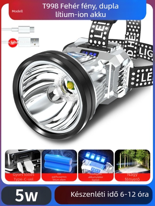 Tölthető Type-C LED fejfény éjszakai horgászathoz és kempingezéshez — 10W, 1200mAh, fejre rögzítés, fénycsóva 200–500 m