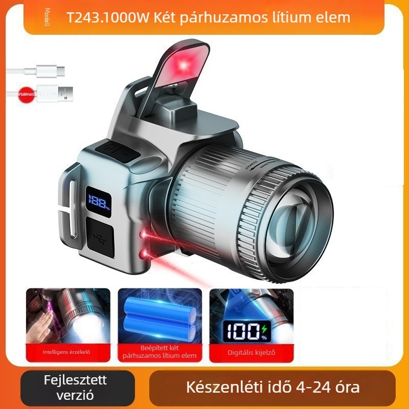 Tölthető Type-C LED fejfény éjszakai horgászathoz és kempingezéshez — 10W, 1200mAh, fejre rögzítés, fénycsóva 200–500 m