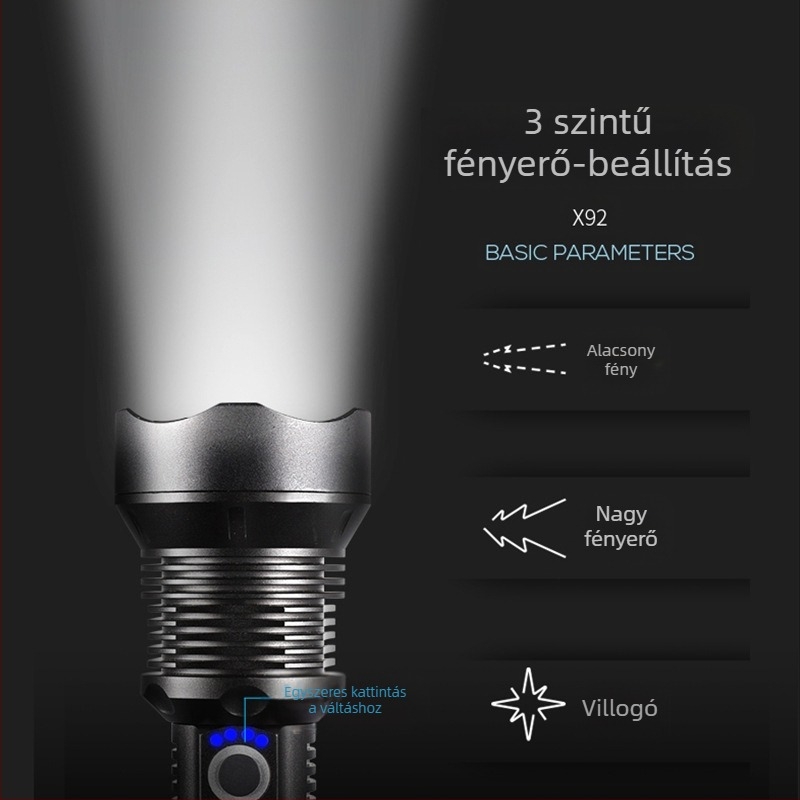 P70 kültéri LED zseblámpa, nagy fényerejű, teleszkópos zoom, alumínium ötvözet test, újratölthető