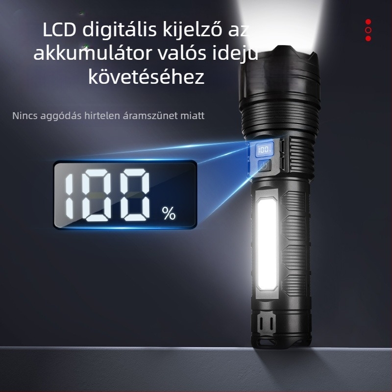 Bolon LED zseblámpa USB-C töltéssel, 2400mAh akkumulátor, kézi hajtás, 360°-os forgó fej