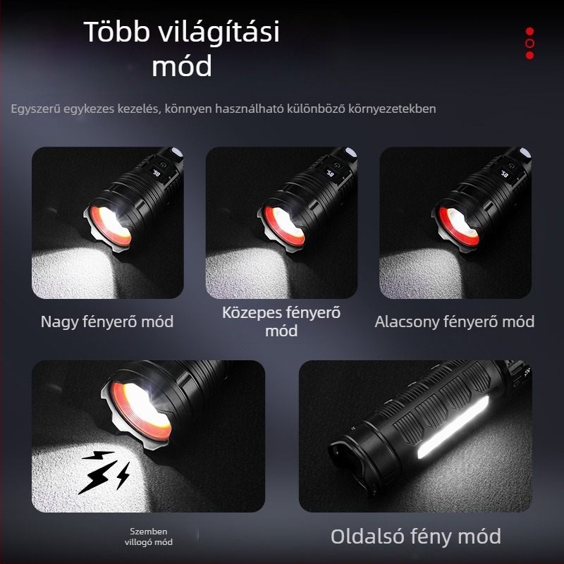 Bolon LED zseblámpa USB-C töltéssel, 2400mAh akkumulátor, kézi hajtás, 360°-os forgó fej
