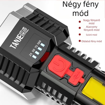 Ötmagos LED kézibeszélő zseblámpa USB töltéssel, kültéri, többfunkciós hosszú fényhatás, hatótáv 100–200 m, 360°-os forgás