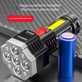 Ötmagos LED kézibeszélő zseblámpa USB töltéssel, kültéri, többfunkciós hosszú fényhatás, hatótáv 100–200 m, 360°-os forgás