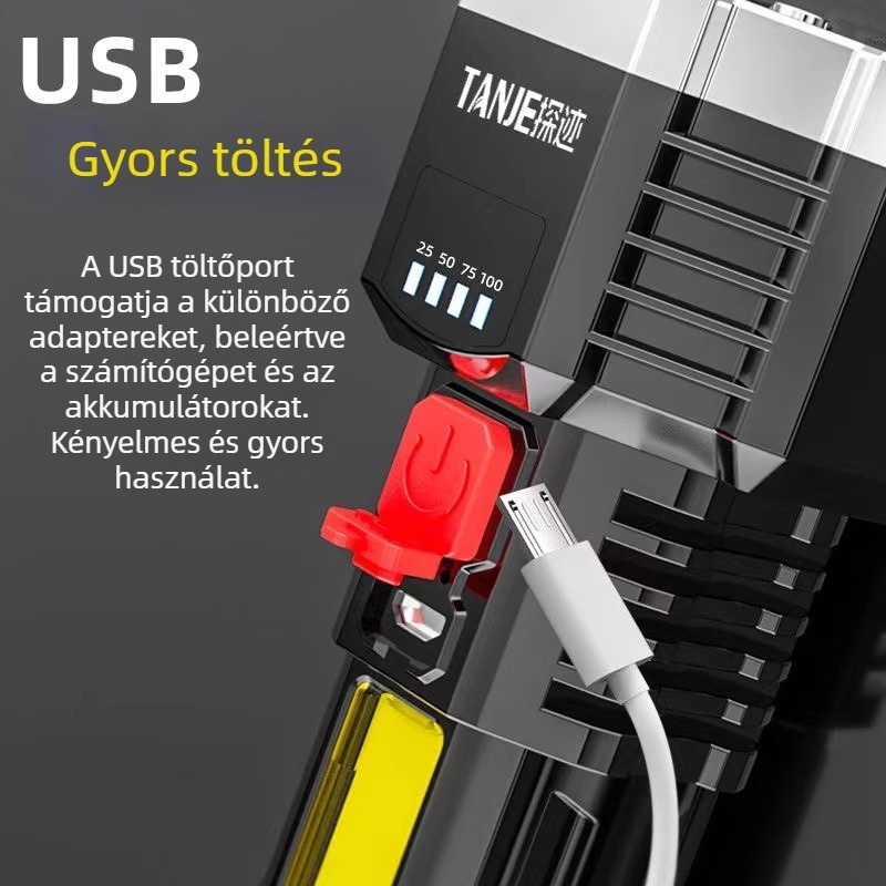 Ötmagos LED kézibeszélő zseblámpa USB töltéssel, kültéri, többfunkciós hosszú fényhatás, hatótáv 100–200 m, 360°-os forgás