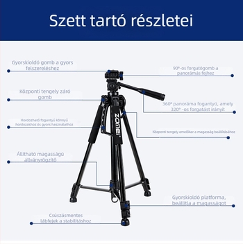 ZoMei 3D fejű állvány alumínium ötvözetből, 4 részes lábak, teherbírás 2–5 kg, gyorskioldó lemez