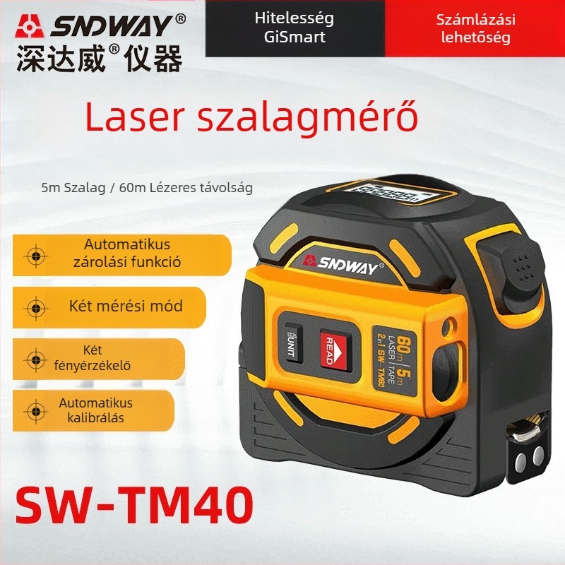 SW-TM60 sorozat lézeres távolságmérő, modell SW-TM60, mérési tartomány 40–60 m, pontosság ±2, működési feszültség 1.5V AA×2
