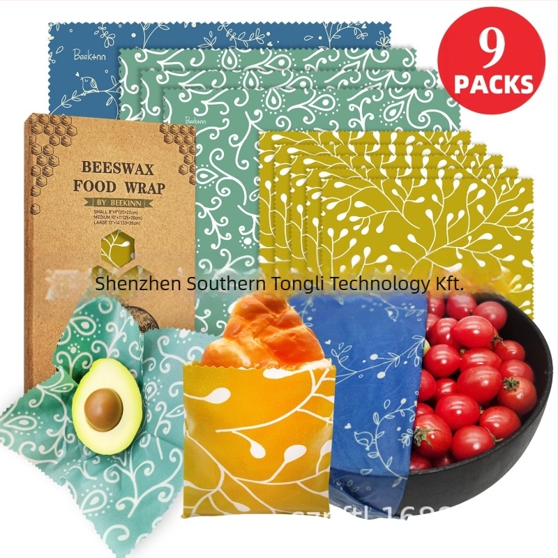 Beekinn méhviaszos ételkendők, 9 darabos készlet, méhviaszos bevonatú textil, élelmiszer-minőség, papíralapú csomagolás