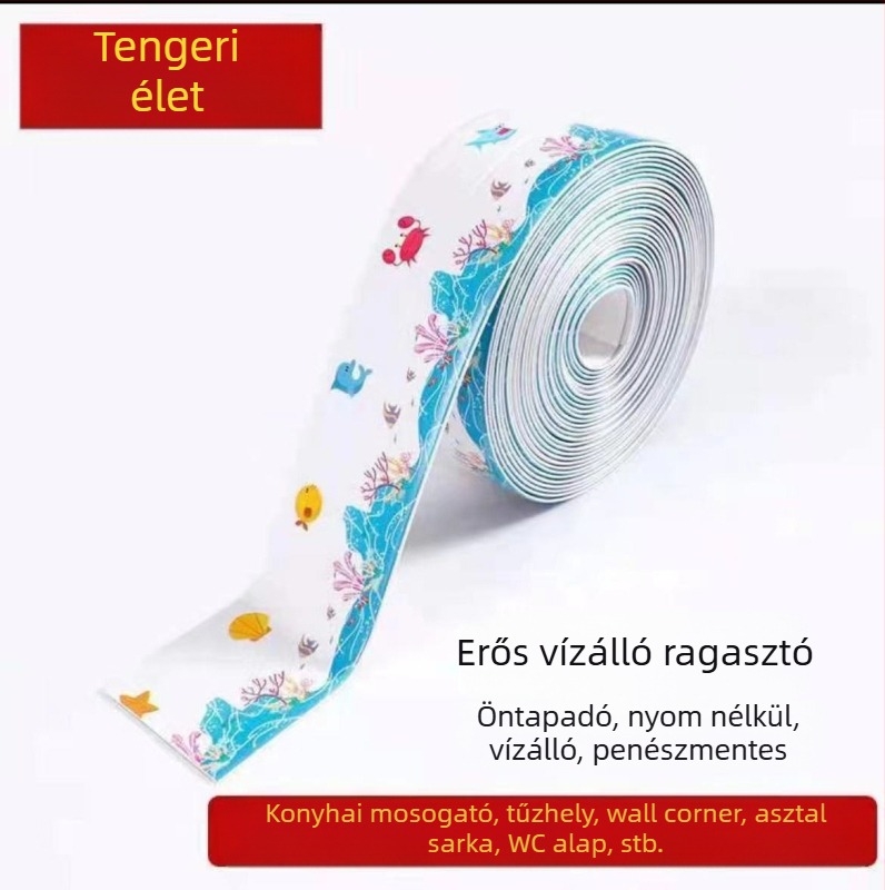 PVC falikép matrica konyha és fürdőszoba számára — vízálló, penész-ellenálló, anti-fouling; öntapadós; minták: csíkok, egyszínű, szív, növények.